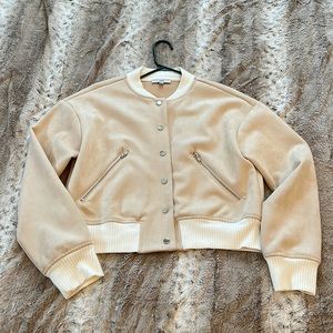 Suede like woman’s cropped bomber jacket made by the brand Fate size large
